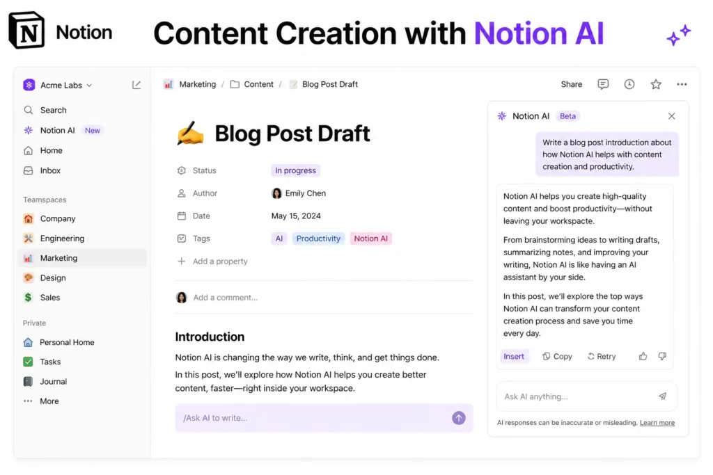 Notion AI content creation interface showing blog writing, drafting, and AI-generated text inside workspace.