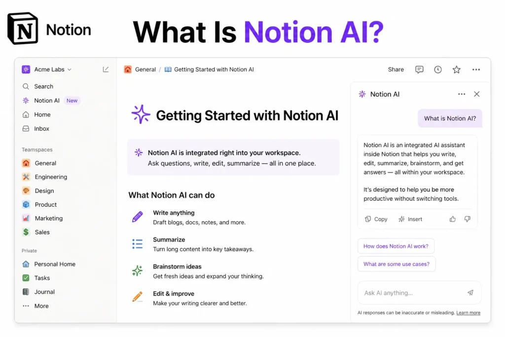 Notion AI interface showing what Notion AI is with writing, summarizing, and brainstorming features inside workspace.