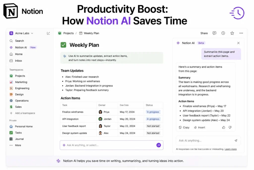 Notion AI productivity interface showing time-saving features like summarizing updates and generating action items automatically.