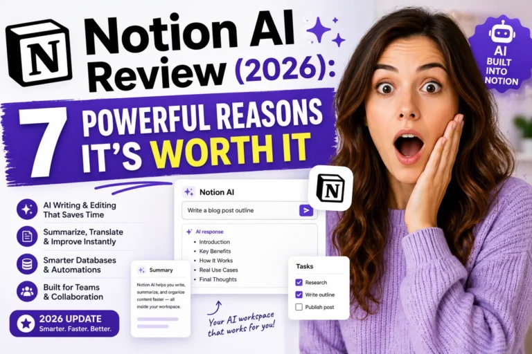 Notion AI review 2026 showing 7 powerful reasons it’s worth it with surprised woman and Notion workspace interface
