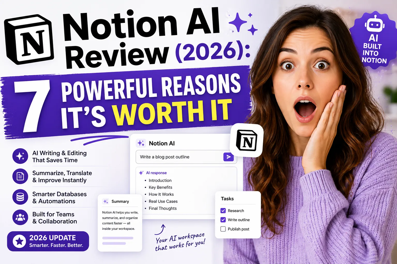 Notion AI review 2026 showing 7 powerful reasons it’s worth it with surprised woman and Notion workspace interface