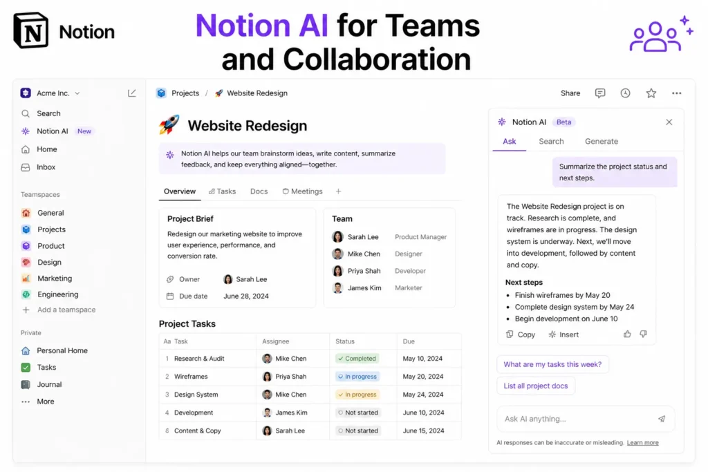 Notion AI team collaboration interface showing project management, task tracking, and AI-generated summaries for teams.