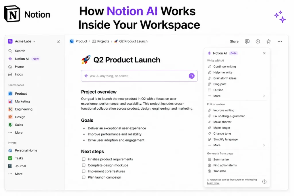 Notion AI workspace showing how AI tools work with writing, editing, and task management inside Notion interface.