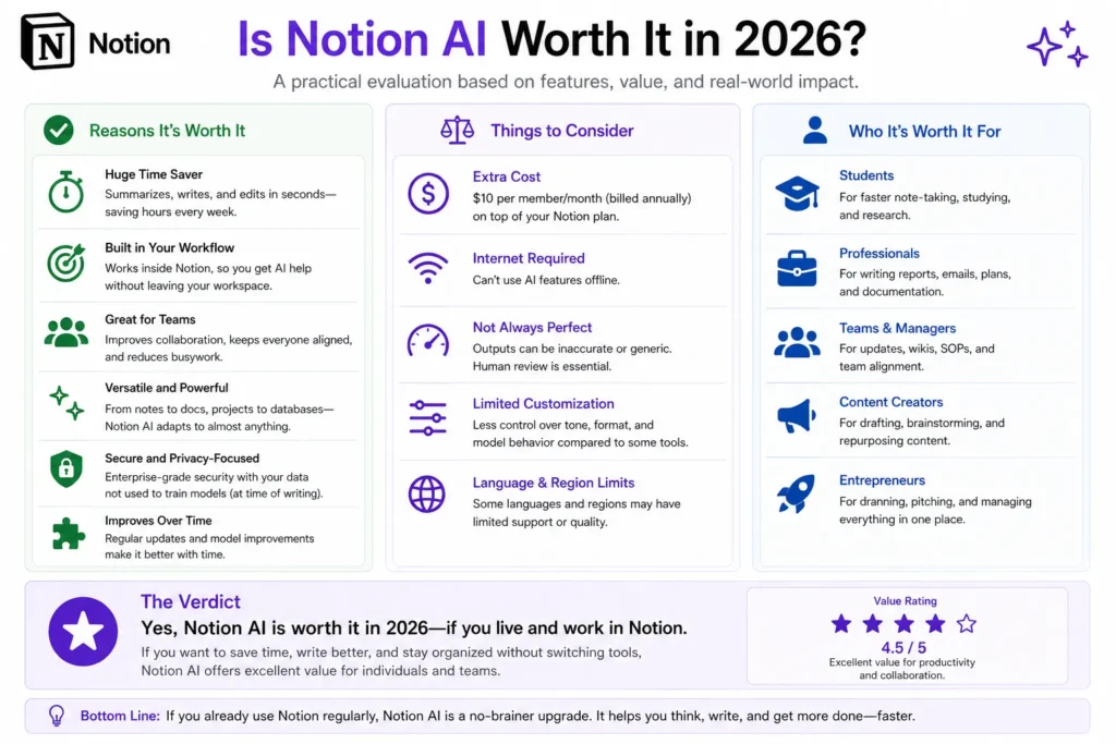 Notion AI worth it in 2026 showing benefits, limitations, and value for different users and teams.
