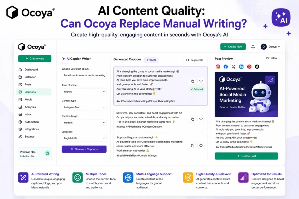 Ocoya Review 2026 AI content quality showing AI caption generator dashboard with automated writing, multiple tones, and social media post preview interface