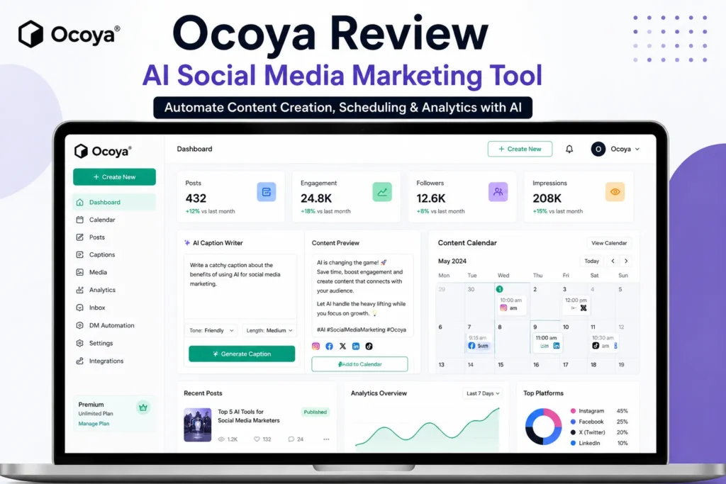Ocoya Review 2026 AI social media marketing dashboard interface showing content creation, caption generator, and scheduling calendar tool
