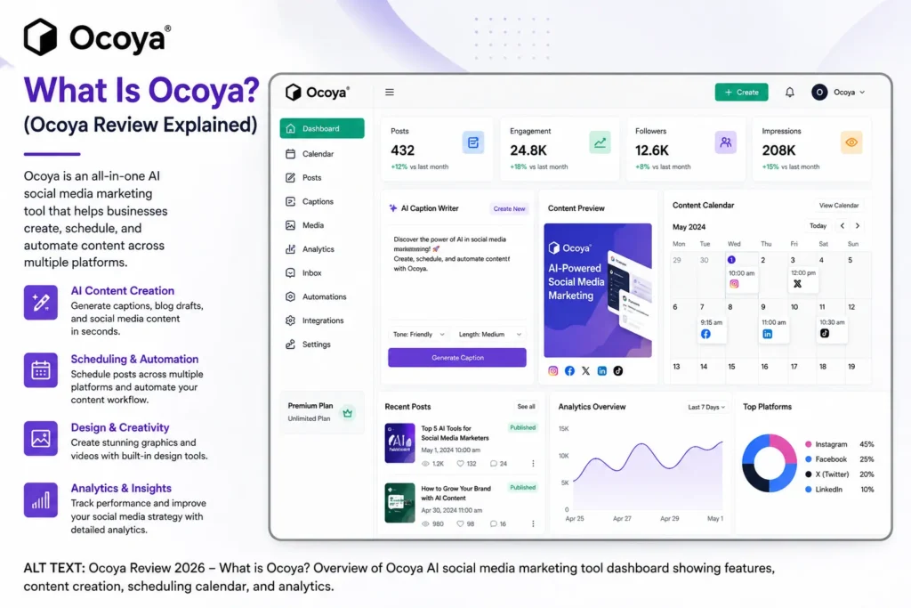 Ocoya Review 2026 What Is Ocoya overview showing AI social media marketing dashboard with content creation, scheduling calendar, and analytics features