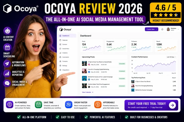 Ocoya Review 2026 featured image showing surprised woman pointing at AI social media dashboard with automation, analytics, and scheduling features visible