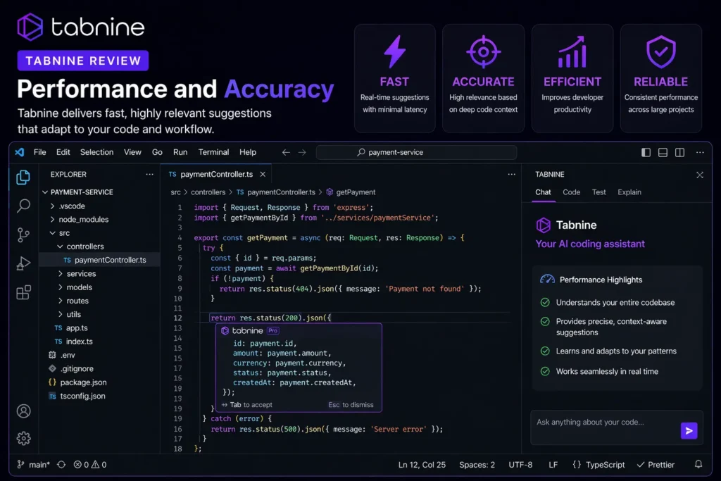 Performance and Accuracy Tabnine image showing real IDE interface with fast AI code suggestions, accuracy highlights, Tabnine logo, and performance insights for SEO.