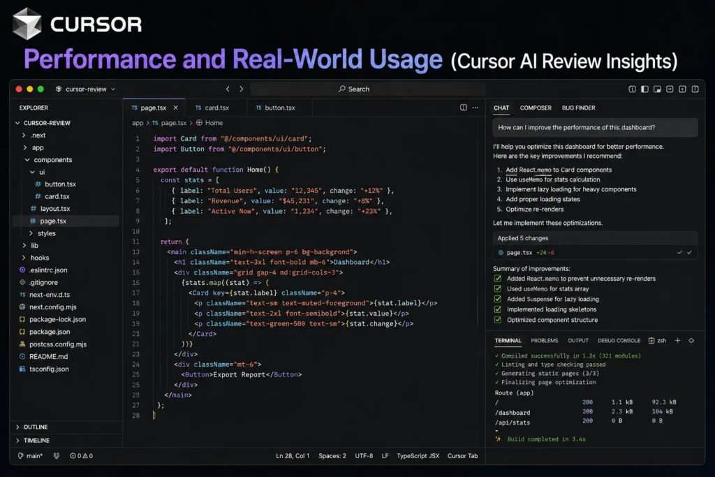 Performance and Real-World Usage of Cursor AI showing real interface with code optimization suggestions, AI improvements, and terminal results in the editor