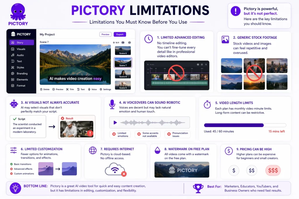 Pictory limitations showing AI video creation dashboard with editing restrictions, generic stock footage issues, and voiceover limitations in interface