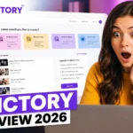 Pictory review 2026 featured image with surprised woman, Pictory logo, and real AI video creation dashboard interface on laptop