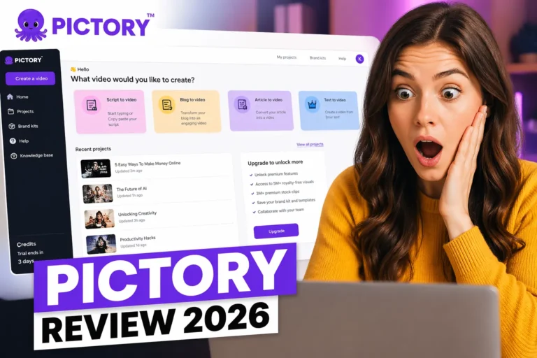 Pictory review 2026 featured image with surprised woman, Pictory logo, and real AI video creation dashboard interface on laptop