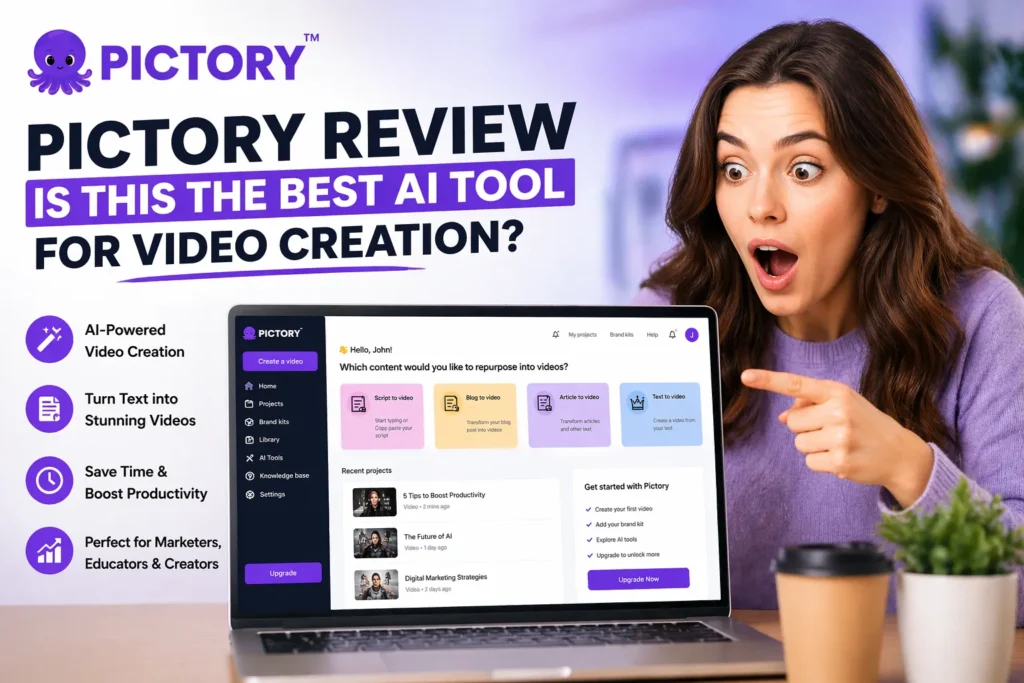 Pictory review introduction image showing surprised woman, Pictory logo, and AI video creation dashboard with text to video interface