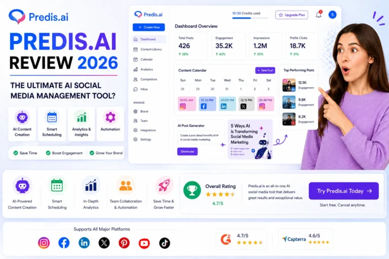Predis.ai review 2026 showing AI social media dashboard with content creation, smart scheduling, analytics insights, and automation tools for social media management