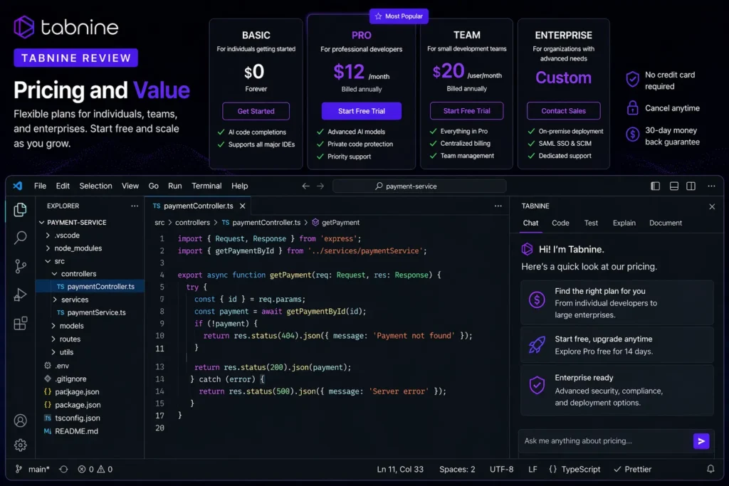 Pricing and Value Tabnine image showing real IDE interface with pricing plans, free and pro tiers, Tabnine logo, and cost comparison for developers and teams.