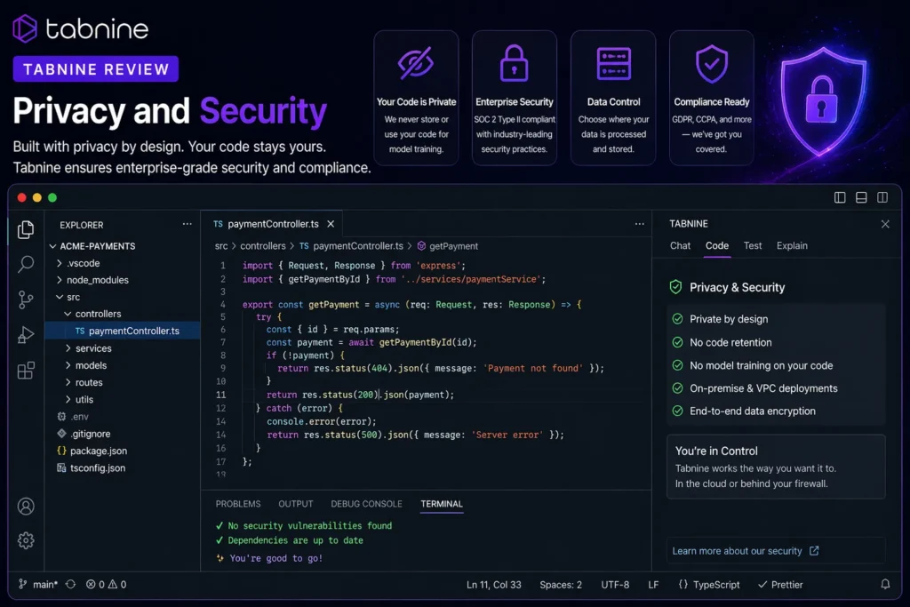 Privacy and Security Tabnine image showing real IDE interface with secure AI coding assistant, data protection features, Tabnine logo, and privacy-focused highlights for SEO.