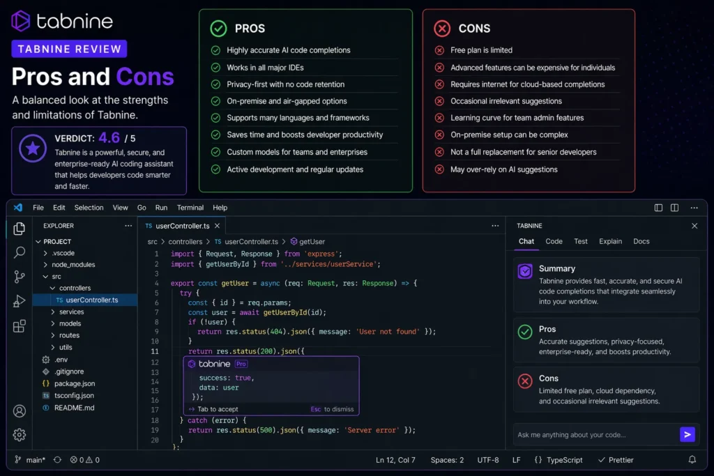 Pros and Cons Tabnine image showing real IDE interface with advantages and disadvantages of Tabnine, including AI code completions, privacy features, limitations, and Tabnine logo.
