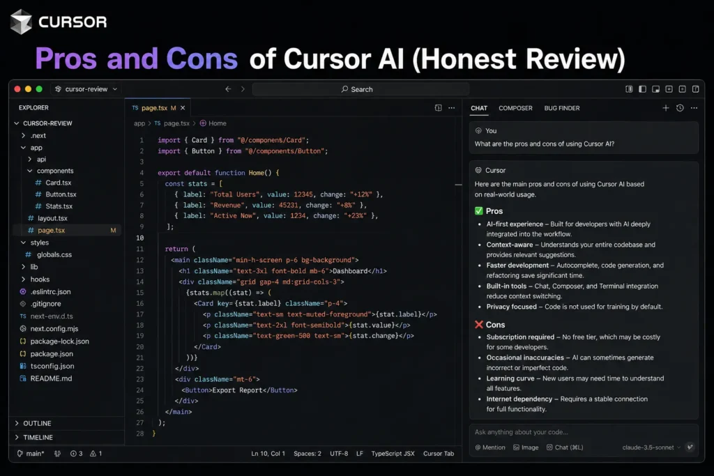 Pros and Cons of Cursor AI showing real interface with AI assistant listing advantages and disadvantages inside the coding editor
