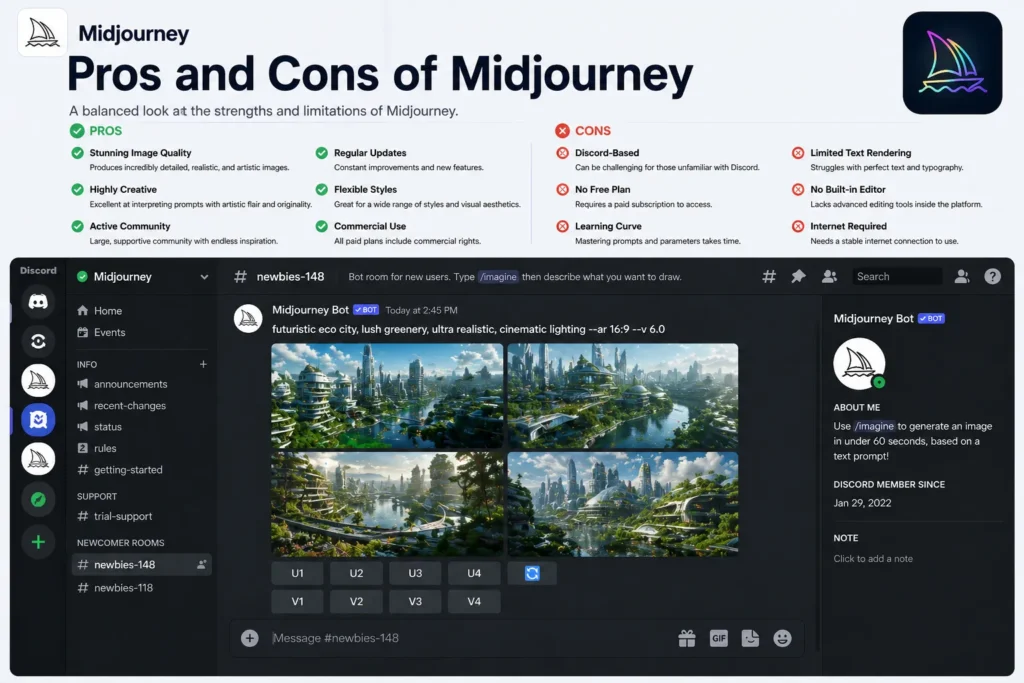 Pros and cons of Midjourney showing advantages and limitations of AI image generator inside Discord interface