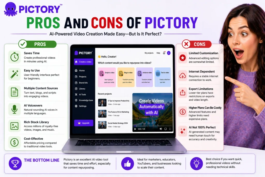 Pros and cons of Pictory AI tool showing video editor interface with features, benefits, and limitations comparison with surprised woman