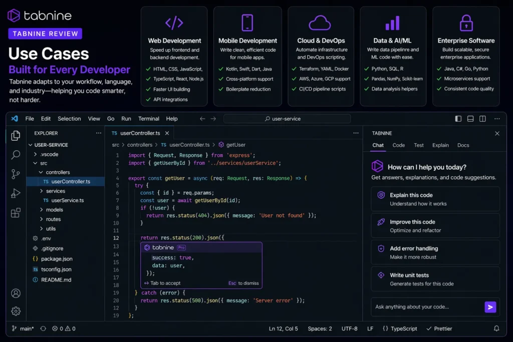 Real Use Cases Tabnine image showing real IDE interface with AI coding assistant used for web development, mobile apps, DevOps, and enterprise software, with Tabnine logo and workflow examples.