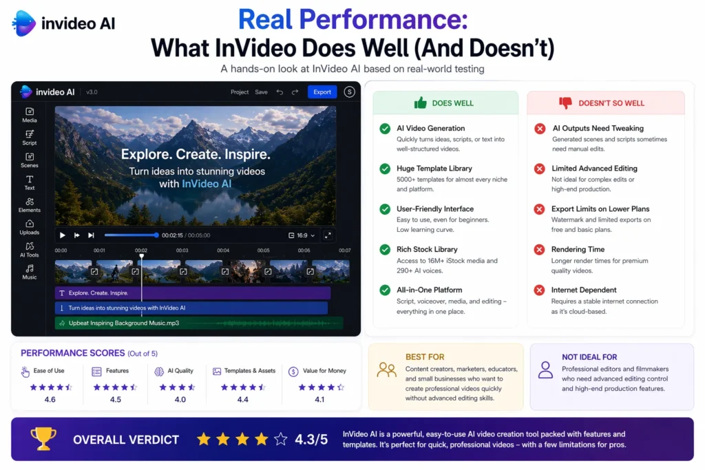 Real performance of InVideo showing real InVideo AI interface with video editor, timeline, and comparison of what the tool does well and its limitations