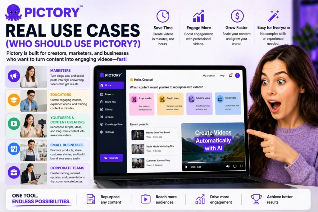 Real use cases of Pictory AI tool for video creation showing dashboard interface used by marketers, bloggers, YouTubers, and businesses with surprised woman