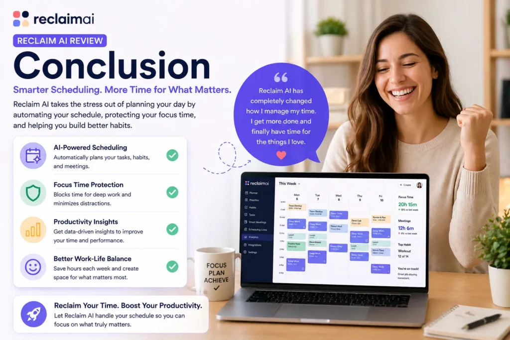 Reclaim AI conclusion image showing happy satisfied woman using AI scheduling tool with calendar dashboard and productivity success concept
