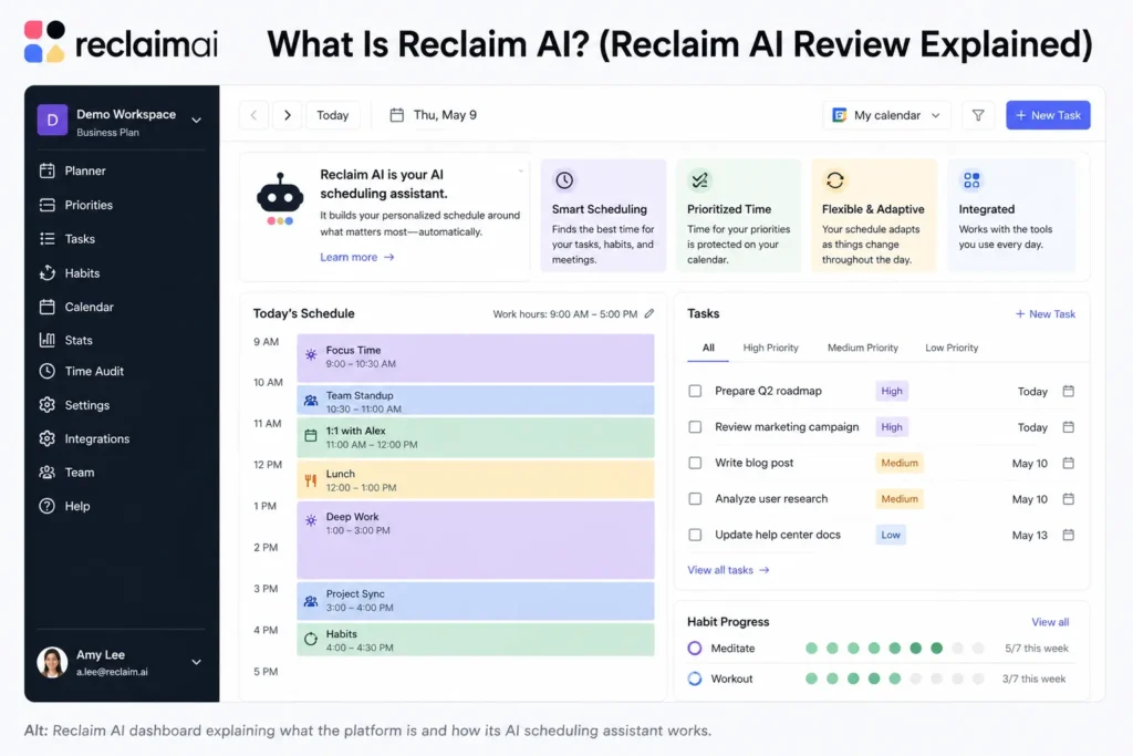 Reclaim AI dashboard explaining what the platform is and how its AI scheduling assistant works.