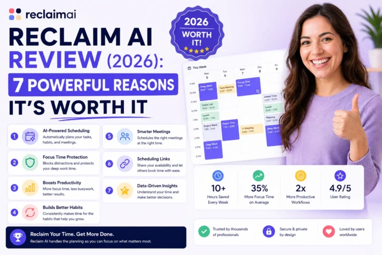 Reclaim AI review 2026 featured image showing AI scheduling dashboard with surprised woman highlighting productivity and automation benefits