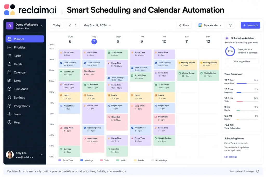 Reclaim AI smart scheduling interface showing automated calendar optimization with tasks, meetings, and focus time blocks.