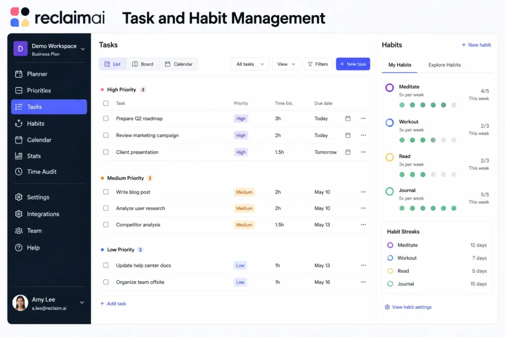 Reclaim AI task and habit management interface showing prioritized tasks, habit tracking, and progress insights.