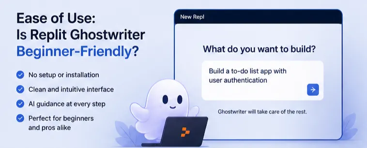 Replit Ghostwriter review – Ease of use and beginner friendly interface with simple setup and AI guidance inside Replit IDE.