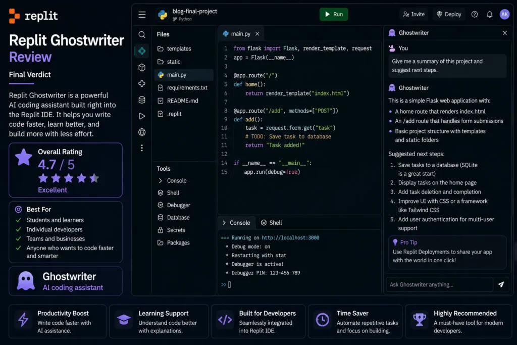 Replit Ghostwriter review – Final verdict with overall rating, key benefits, and AI coding assistant performance inside Replit IDE.