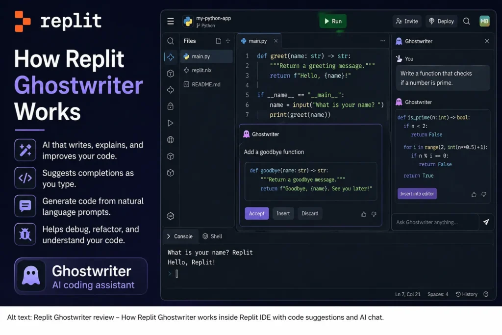 Replit Ghostwriter review – How Replit Ghostwriter works with AI code generation, suggestions, and chat inside Replit IDE.
