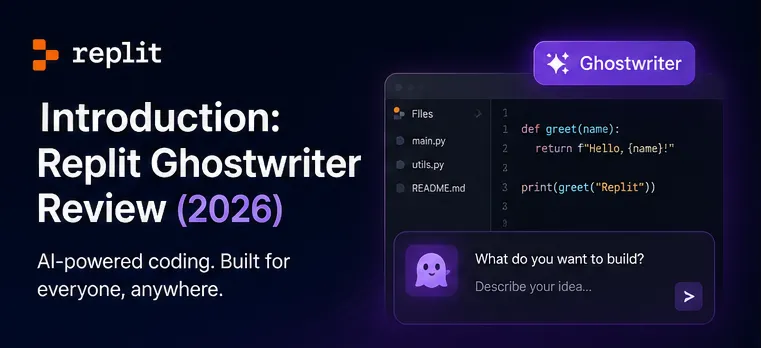 Replit Ghostwriter review – Introduction 2026 showing AI coding assistant interface and idea to app workflow inside Replit IDE.