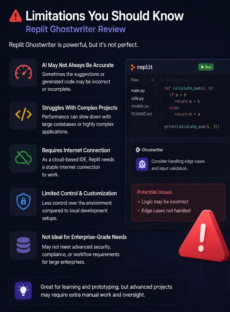 Replit Ghostwriter review – Limitations you should know including AI accuracy issues, performance limits, and dependency on internet inside Replit IDE.