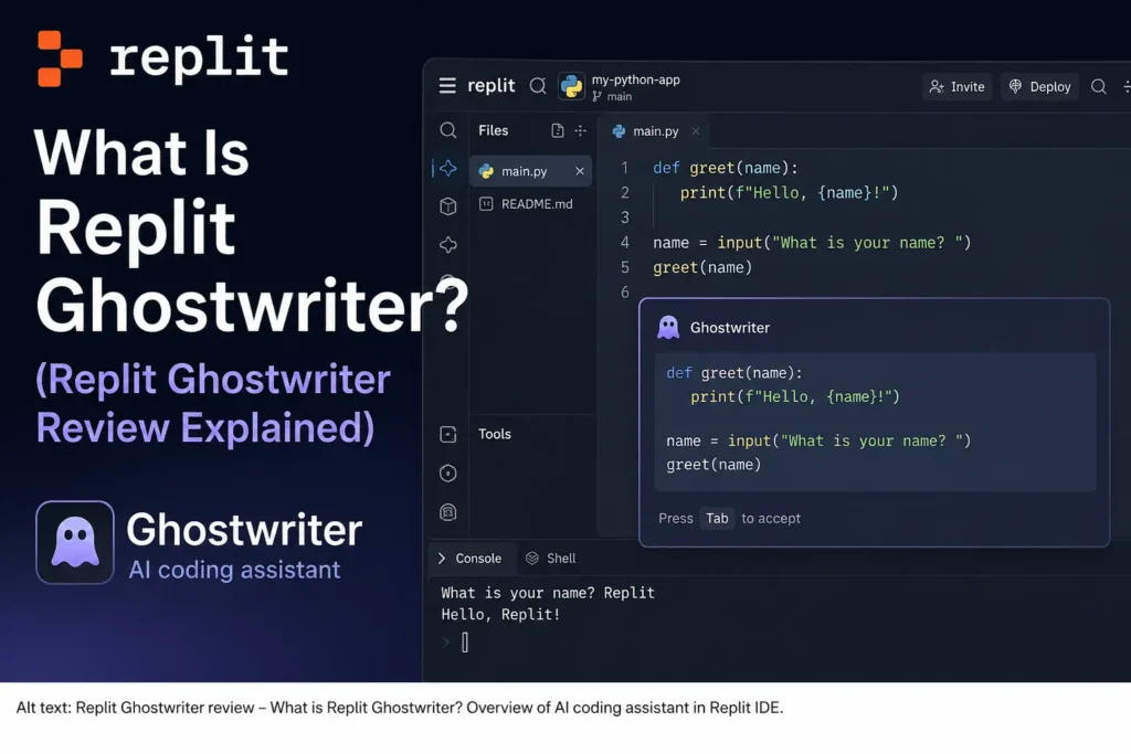 Replit Ghostwriter review – What Is Replit Ghostwriter AI coding assistant inside Replit IDE with real interface preview.