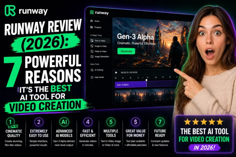Runway review 2026 AI tool for video generation featured image with surprised woman and Gen-3 interface showing video creation dashboard