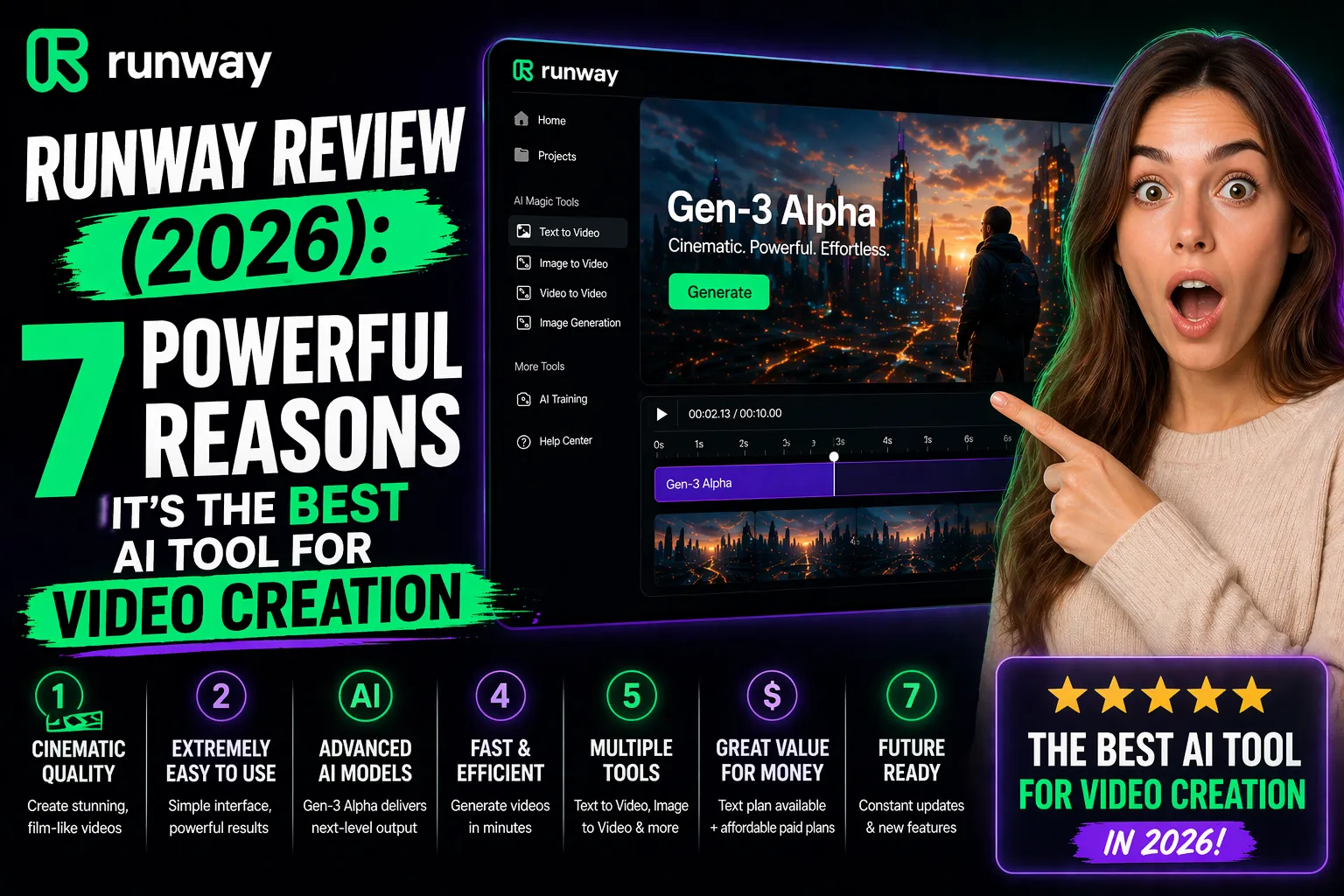 Runway review 2026 AI tool for video generation featured image with surprised woman and Gen-3 interface showing video creation dashboard