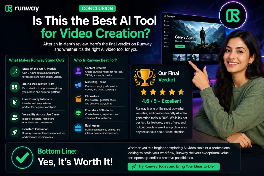 Runway review AI tool for video generation featured image showing surprised woman with interface and logo