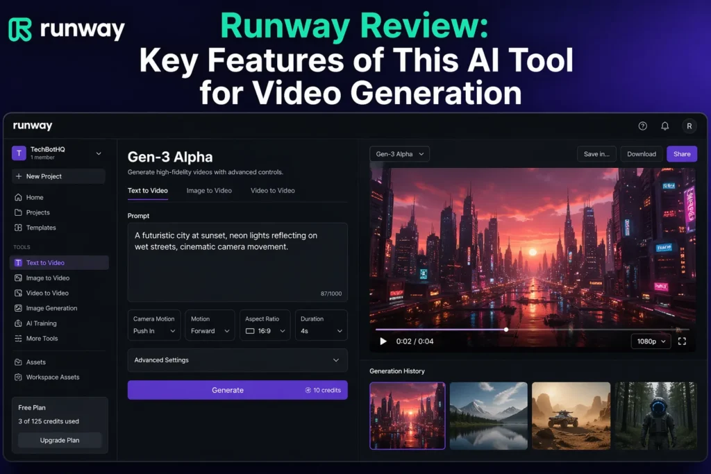 Runway review AI tool for video generation features interface with text to video prompt and controls