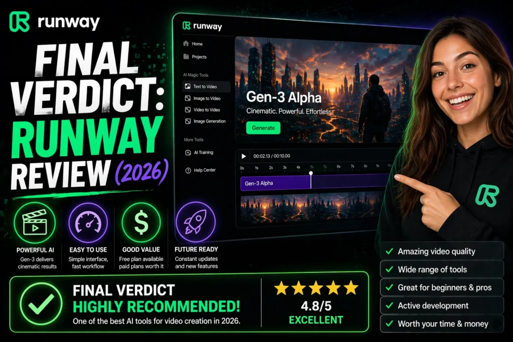Runway review AI tool for video generation final verdict 2026 interface showing Gen-3 editor, rating, and recommendation
