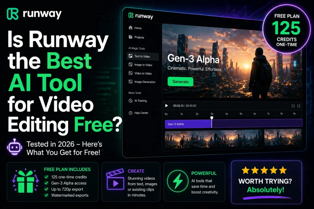 Runway review AI tool for video generation free plan interface showing Gen-3 video editor and credits system