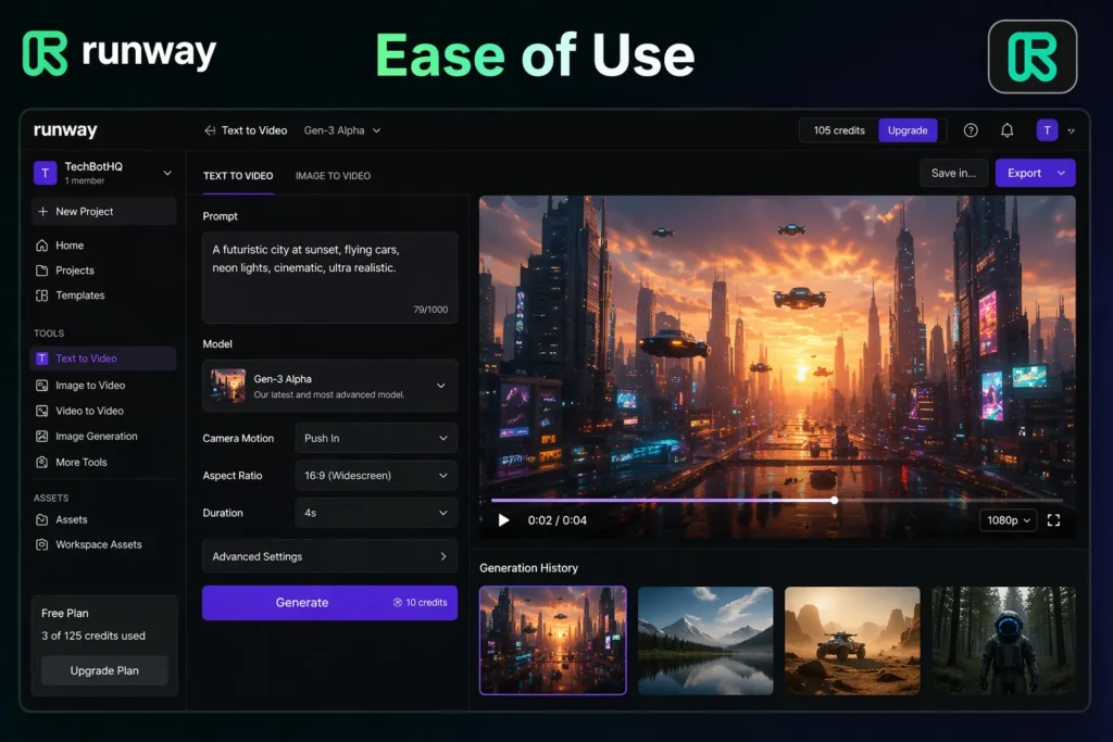 Runway review AI tool for video generation interface showing ease of use and dashboard layout