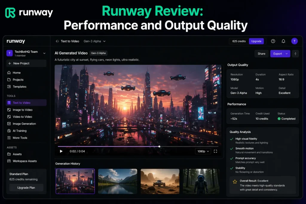 Runway review AI tool for video generation performance and output quality interface showing video preview and metrics