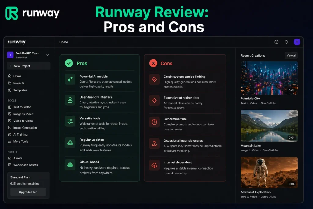 Runway review AI tool for video generation pros and cons interface comparison showing features and limitations