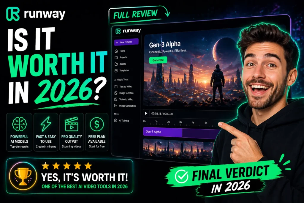 Runway review AI tool for video generation worth it 2026 interface showing Gen-3 editor and final verdict rating