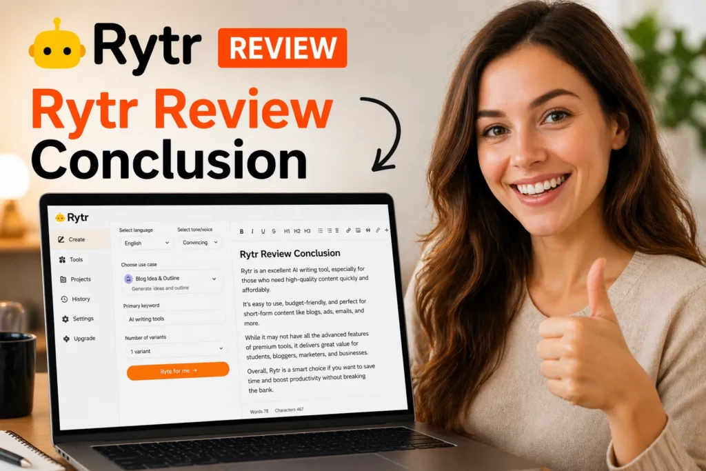 Rytr AI tool for writing conclusion showing real interface on laptop with happy satisfied woman giving thumbs up